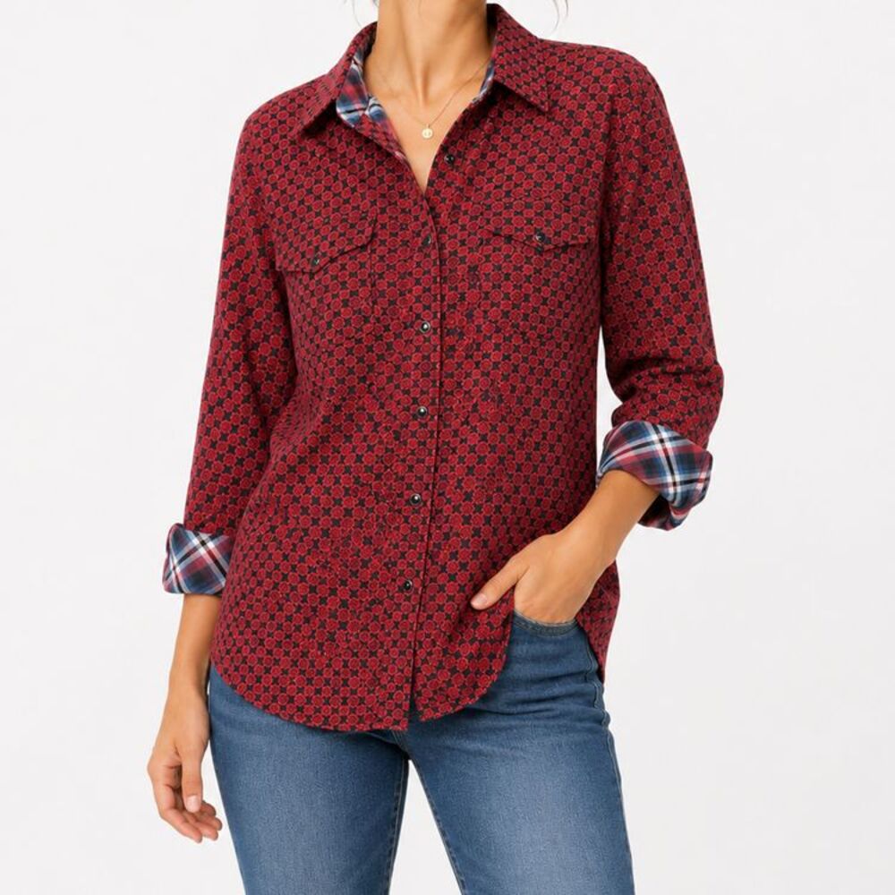 Rodeo Clothing Co Shirt Womens Red Black Western Snap Medium Geometric Print